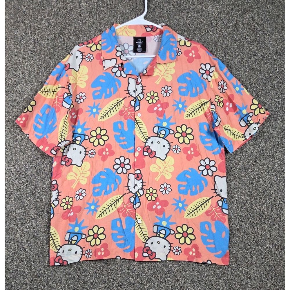 Hello Kitty Button Down Shirt Mens M Orange Tropical Floral Rayon Streetwear